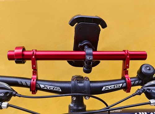 Bike Handlebar Extender with Phone Holder, 11.9" Aluminum Extension Bar, Fits 18–34mm Bars, Universal Smartphone Mount + Bell, Extra Space for Light/GPS/Speedometer, MTB/Road Bike Accessory - color: Red
