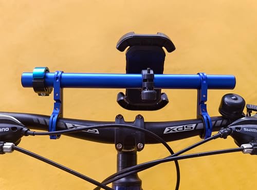 Bike Handlebar Extender with Phone Holder, 11.9" Aluminum Extension Bar, Fits 18–34mm Bars, Universal Smartphone Mount + Bell, Extra Space for Light/GPS/Speedometer, Fits Most iPhone & Android - color: Blue