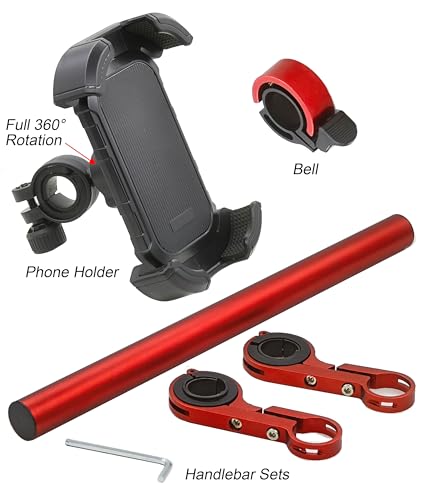 Bike Handlebar Extender with Phone Holder, 11.9" Aluminum Extension Bar, Fits 18–34mm Bars, Universal Smartphone Mount + Bell, Extra Space for Light/GPS/Speedometer, MTB/Road Bike Accessory - color: Red