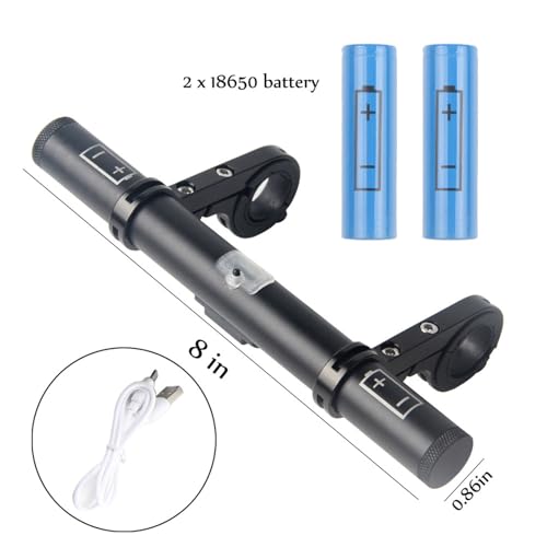 Black Aluminum Bike Handlebar Extender Rack, Universal Bicycle Headlight Flashlight Mount Clip with USB Power Bank Multifunctional for Mountain Road Bikes (with Battery)