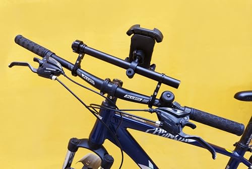 Bike Handlebar Extender with Phone Holder, 11.9" Aluminum Extension Bar, Fits 18–34mm Bars, Universal Smartphone Mount + Bell, Extra Space for Light/GPS/Speedometer, Fits Most iPhone & Android - color: Black