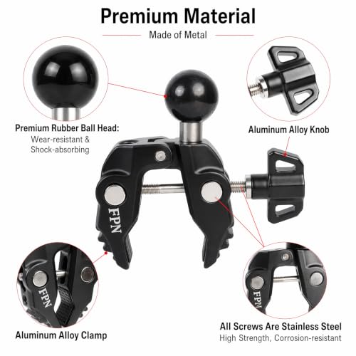 Aluminum Alloy Handlebar Clamp Mount with 1" Rubber Ball for 0.5-1.77 inch Rails, Compatible with RAM Mounts B Size Double Socket Arm, for Motorcycle, Bike, ATV - style: 1" Ball Clamp