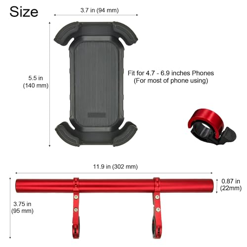Bike Handlebar Extender with Phone Holder, 11.9" Aluminum Extension Bar, Fits 18–34mm Bars, Universal Smartphone Mount + Bell, Extra Space for Light/GPS/Speedometer, MTB/Road Bike Accessory - color: Red