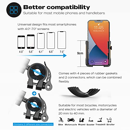 New Upgraded Bike Phone Mount Holder Two Connectors Quickly Lock and Release,360°Rotatable Bicycle Motorcycle Scooter Accessories Handlebar Phone Clip for 4.0"-7.0" Smartphone (Orange)