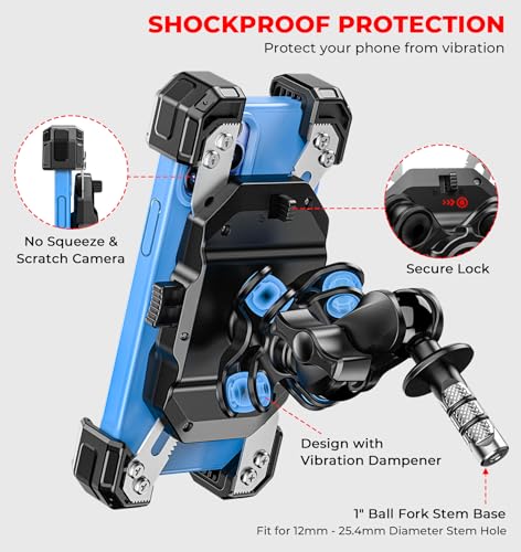 VAZESWIN Motorcycle Fork Stem Phone Mount with Vibration Dampener, 1s Lock
