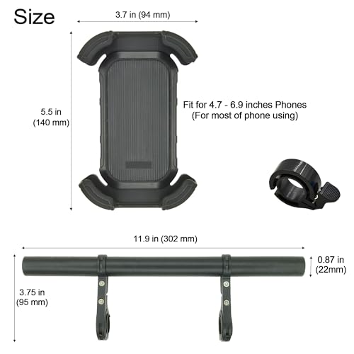 Bike Handlebar Extender with Phone Holder, 11.9" Aluminum Extension Bar, Fits 18–34mm Bars, Universal Smartphone Mount + Bell, Extra Space for Light/GPS/Speedometer, Fits Most iPhone & Android - color: Black