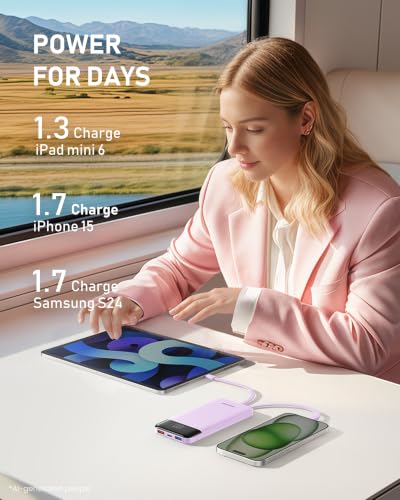 charmast Portable Charger Built-in Cables, 10000mAh Slim Power Bank Pocket - color: Purple