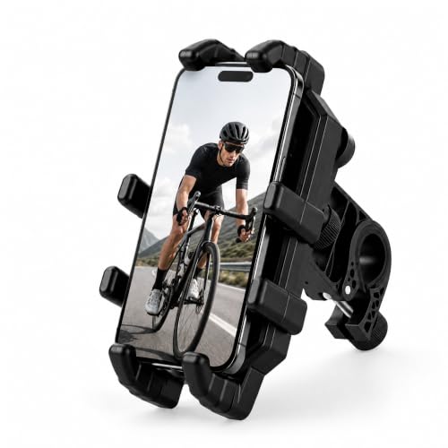 Bike Phone Holder & Phone Holder for Bike, Motorcycle Phone Mount, Ebike Phone Holder, Shock-Absorbing Anti-Vibration, 360° Rotation, One-Touch Release, Fits 5–7.2" Smartphones