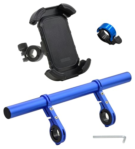 Bike Handlebar Extender with Phone Holder, 11.9" Aluminum Extension Bar, Fits 18–34mm Bars, Universal Smartphone Mount + Bell, Extra Space for Light/GPS/Speedometer, Fits Most iPhone & Android - color: Blue