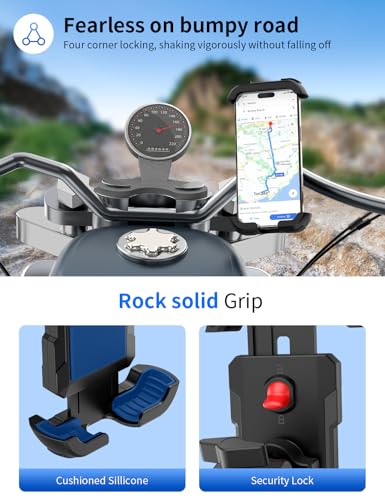 Bike Phone Holder, Motorcycle Phone Mount, [Camera Friendly] [Quick Install] [Double Locked] Handlebar Clip for Scooter, Cell Phone Clamp for iPhone 17 16 15 Pro Max/14/13, Galaxy and More