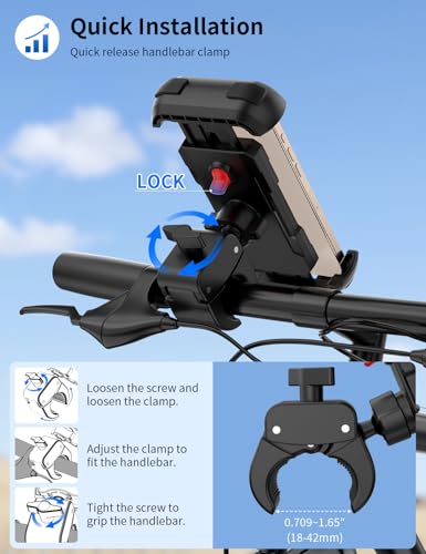Bike Phone Holder, Motorcycle Phone Mount, [Camera Friendly] [Quick Install] [Double Locked] Handlebar Clip for Scooter, Cell Phone Clamp for iPhone 17 16 15 Pro Max/14/13, Galaxy and More