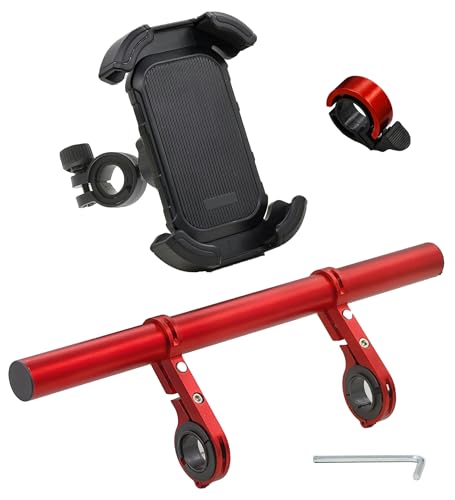 Bike Handlebar Extender with Phone Holder, 11.9" Aluminum Extension Bar, Fits 18–34mm Bars, Universal Smartphone Mount + Bell, Extra Space for Light/GPS/Speedometer, MTB/Road Bike Accessory - color: Red