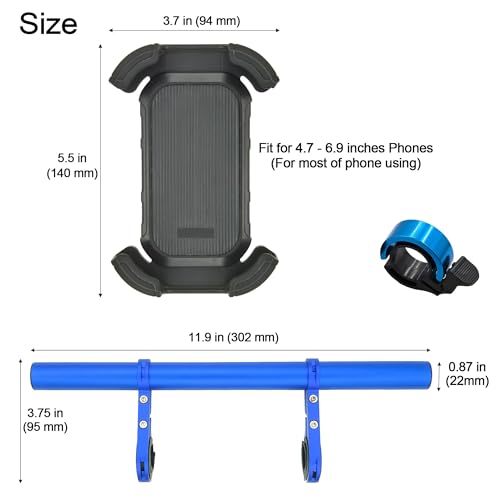 Bike Handlebar Extender with Phone Holder, 11.9" Aluminum Extension Bar, Fits 18–34mm Bars, Universal Smartphone Mount + Bell, Extra Space for Light/GPS/Speedometer, Fits Most iPhone & Android - color: Blue
