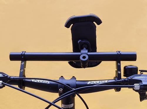Bike Handlebar Extender with Phone Holder, 11.9" Aluminum Extension Bar, Fits 18–34mm Bars, Universal Smartphone Mount + Bell, Extra Space for Light/GPS/Speedometer, Fits Most iPhone & Android - color: Black