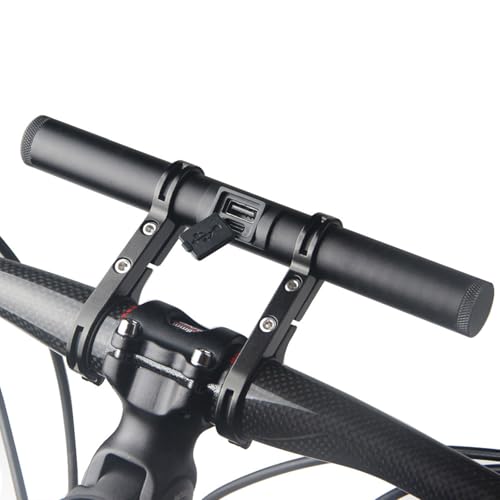 Black Aluminum Bike Handlebar Extender Rack, Universal Bicycle Headlight Flashlight Mount Clip with USB Power Bank Multifunctional for Mountain Road Bikes (with Battery)