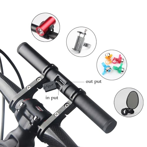 Black Aluminum Bike Handlebar Extender Rack, Universal Bicycle Headlight Flashlight Mount Clip with USB Power Bank Multifunctional for Mountain Road Bikes (with Battery)