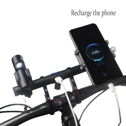 Black Aluminum Bike Handlebar Extender Rack, Universal Bicycle Headlight Flashlight Mount Clip with USB Power Bank Multifunctional for Mountain Road Bikes (with Battery)