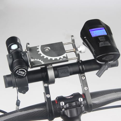 Black Aluminum Bike Handlebar Extender Rack, Universal Bicycle Headlight Flashlight Mount Clip with USB Power Bank Multifunctional for Mountain Road Bikes (with Battery)