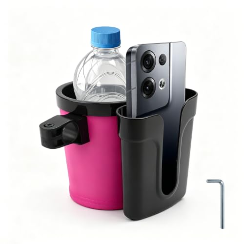 Bike Cup Holder, Motorbike Handlebar Drink Bottle Cage with Cell Phone & Key Holders, Universal Water Bottle Cage Beverage Holder for Most Motorcycles Scooters Bikes (Black & Pink) - color: Black & Pink
