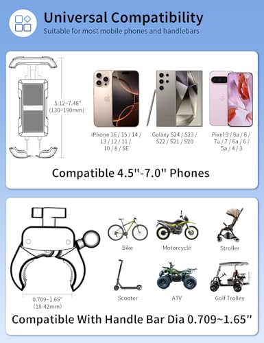 Bike Phone Holder, Motorcycle Phone Mount, [Camera Friendly] [Quick Install] [Double Locked] Handlebar Clip for Scooter, Cell Phone Clamp for iPhone 17 16 15 Pro Max/14/13, Galaxy and More
