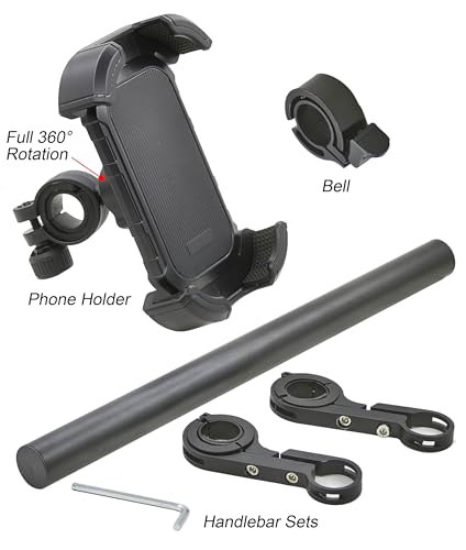 Bike Handlebar Extender with Phone Holder, 11.9" Aluminum Extension Bar, Fits 18–34mm Bars, Universal Smartphone Mount + Bell, Extra Space for Light/GPS/Speedometer, Fits Most iPhone & Android - color: Black