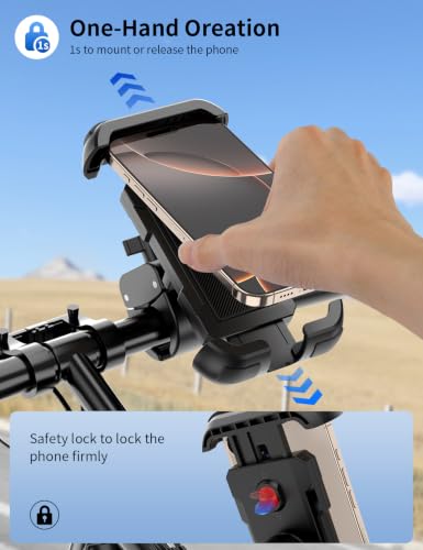 Bike Phone Holder, Motorcycle Phone Mount, [Camera Friendly] [Quick Install] [Double Locked] Handlebar Clip for Scooter, Cell Phone Clamp for iPhone 17 16 15 Pro Max/14/13, Galaxy and More