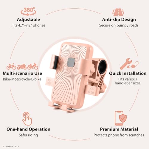 Motorcycle Phone Mount, One-Hand Use & One-Touch Auto Lock | 360° Rotating Anti-Vibration Phone Holder for Bike | Fits 20-32mm Handlebars & 4.7-7.2" Smartphones for Bicycle, Ebike & Scooter - Pink