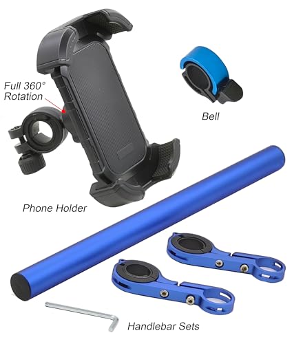 Bike Handlebar Extender with Phone Holder, 11.9" Aluminum Extension Bar, Fits 18–34mm Bars, Universal Smartphone Mount + Bell, Extra Space for Light/GPS/Speedometer, Fits Most iPhone & Android - color: Blue