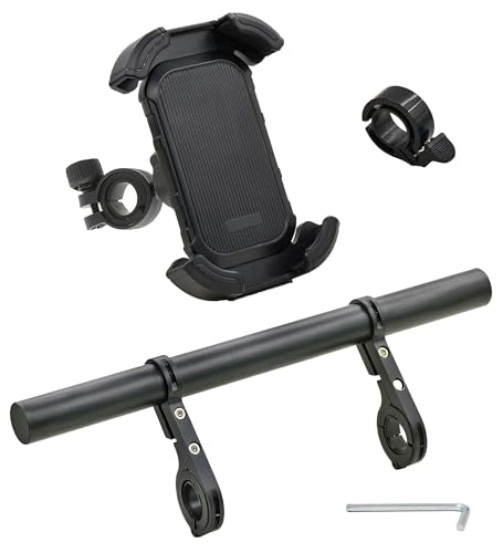 Bike Handlebar Extender with Phone Holder, 11.9" Aluminum Extension Bar, Fits 18–34mm Bars, Universal Smartphone Mount + Bell, Extra Space for Light/GPS/Speedometer, Fits Most iPhone & Android - color: Black