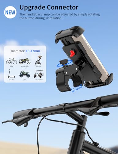 Bike Phone Holder, Motorcycle Phone Mount, [Camera Friendly] [Quick Install] [Double Locked] Handlebar Clip for Scooter, Cell Phone Clamp for iPhone 17 16 15 Pro Max/14/13, Galaxy and More