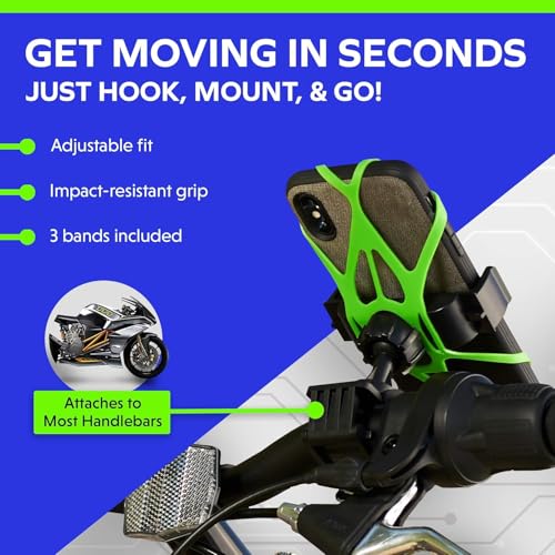 Bike Phone Holder Handlebar - Double Metal Bolt Secure Bike Phone Mount with a Durable Silicone Bands - 360° Rotation Bicycle Accessories for iPhone 17 16 15 Pro Max, Galaxy, GPS - Green