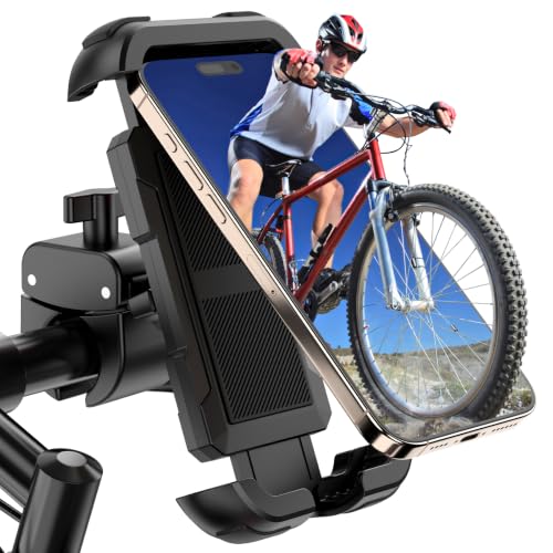 Bike Phone Holder, Motorcycle Phone Mount, [Camera Friendly] [Quick Install] [Double Locked] Handlebar Clip for Scooter, Cell Phone Clamp for iPhone 17 16 15 Pro Max/14/13, Galaxy and More