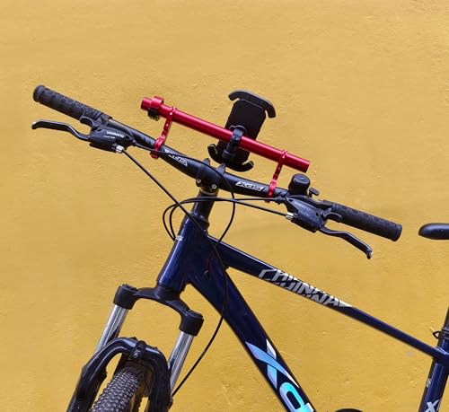 Bike Handlebar Extender with Phone Holder, 11.9" Aluminum Extension Bar, Fits 18–34mm Bars, Universal Smartphone Mount + Bell, Extra Space for Light/GPS/Speedometer, MTB/Road Bike Accessory - color: Red