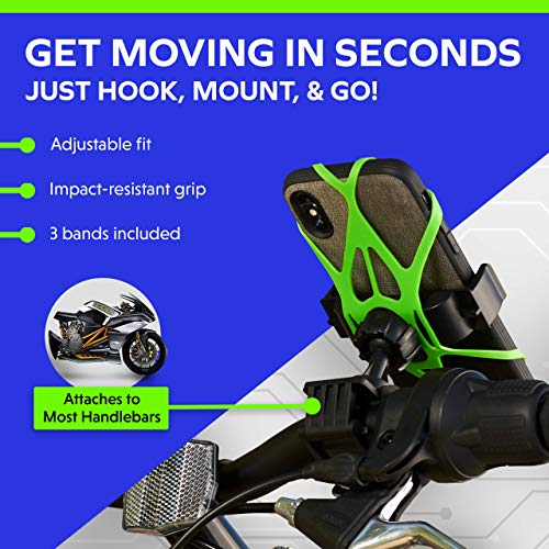Bike & Motorcycle Phone Mount - GPS Cell Phone Holder for Bicycle Handlebar - Easy to Install Bike Accessories Fits iPhone, Galaxy, Android - Stocking Stuffers - 3 Bands (Black, Red, Green)