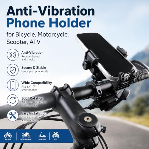 Aluminum Bicycle & Motorcycle Handlebar Phone Holder Mount – Vibration Dampener | Camera Friendly | 1-Second Lock & Release | 360° Rotation, for iPhone 17 16 15 14 Pro Max, 4.7-7" Smartphones