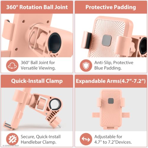Motorcycle Phone Mount, One-Hand Use & One-Touch Auto Lock | 360° Rotating Anti-Vibration Phone Holder for Bike | Fits 20-32mm Handlebars & 4.7-7.2" Smartphones for Bicycle, Ebike & Scooter - Pink