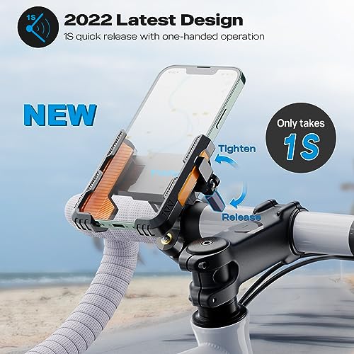 New Upgraded Bike Phone Mount Holder Two Connectors Quickly Lock and Release,360°Rotatable Bicycle Motorcycle Scooter Accessories Handlebar Phone Clip for 4.0"-7.0" Smartphone (Orange)